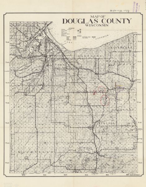 This is a detailed map of Douglas County, Wisconsin, showing townships and township borders, numbered wards, roadways, and bodies of water. There are annotations in what appears to be red marker, circling Steele and Minnesuing Lake, and an "X". There are also yellow and purple annotations in pencil or crayon. The top of the map features a legend.