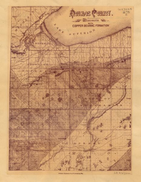 This map of Douglas County, Wisconsin, published around the beginning of the 20th century shows the copper bearing formations in the county on a map that also depicts the township and range grid, sections, railroads, wetlands, and lakes and streams in the county.