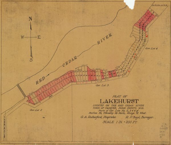 This map shows the plat of the village of Lakehurst, on the Red Cedar River in the Town of Tainter, Dunn County, Wisconsin.
