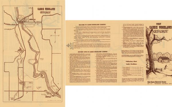 This 1974 map shows historical sites related to Caddie Woodlawn, a book by Carol Ryrie Brink, in the Town of Dunn, Dunn County, Wisconsin. Some landmarks are shown pictorially. An index to and descriptive text on the historic sites is printed on the verso.
