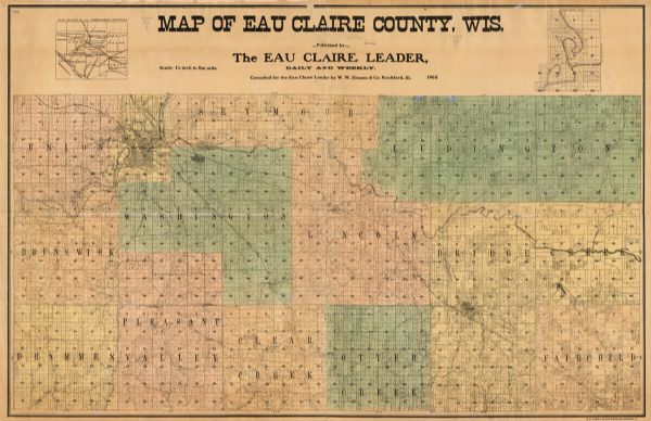 This 1902 map of Eau Claire County, Wisconsin, shows the township and range grid, towns, sections, landownership and acreages, roads and railroads, and selected buildings. Included are insert maps of Eau Claire County and the surrounding counties as well as the government plat of the city of Eau Claire.