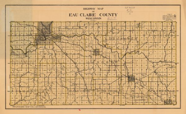 Map of Eau Claire County, Wisconsin  Shows highways, railroads, hydrography, and townships.
