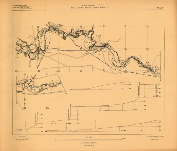 Portion of title: Eau Claire River, Wisconsin. Relief shown by contours and spot heights. Contour interval on land 5 feet. Contour interval on river surface 1 foot. Includes profiles of water surface elevation. "For field use in determining the water resources of the United States by the Geological Survey." "Surveyed in 1906 in cooperation with the State of Wisconsin, L.S. Smith, Engineer in charge, D.H. Dugan, Assistant."