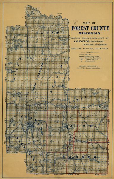 This 1920 map of Forest County, Wisconsin, shows the township and range grid, sections, cities and villages, lakes and streams, roads, "steam railroads," schools, and rural residences.