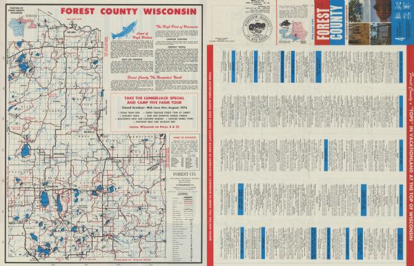 This tourist brochure for Forest County, Wisconsin, includes a 1967 road map of the county which identifies points of interest, a location map, descriptive text, a mileage chart, and a directory of businesses in the county.