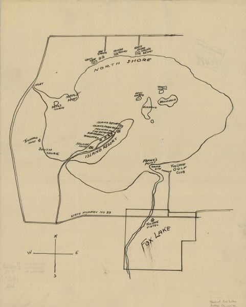 This manuscript map, likely drawn in the 1930s, shows Fox Lake, in Dodge County, Wisconsin, and the roads and resorts in the vicinity.