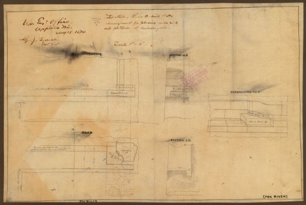 This manuscript drawing provides a side elevation, plan, and perspective view for a proposed lock on the Fox River.