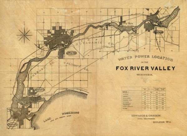 This map shows the dams and locks of the Fox River between Neenah, in Winnebago County, Wisconsin, and Kaukauna, in Outagamie County. The cities and villages, roads, and railroads in the area are also shown. A chart gives the population, fall in river in feet, and horse power of water at various points on the river.