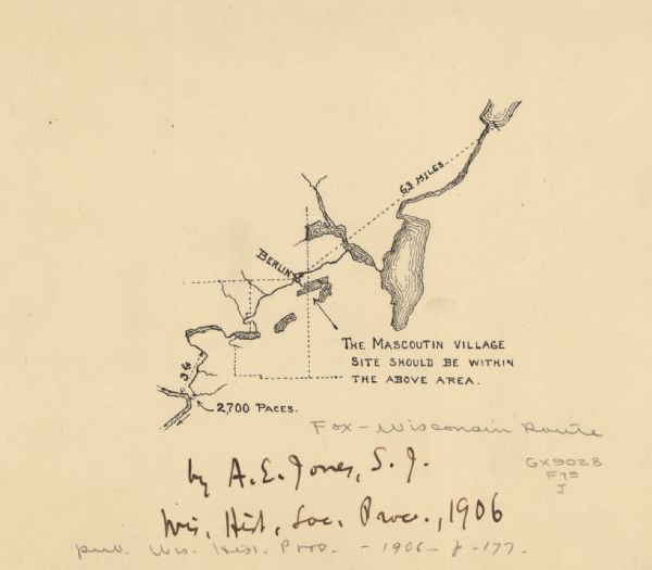 This map, which shows the Fox River and the likely location of a Mascoutin village near Berlin, Wisconsin, was published in the Proceedings of the State Historical Society of Wisconsin, 1906.