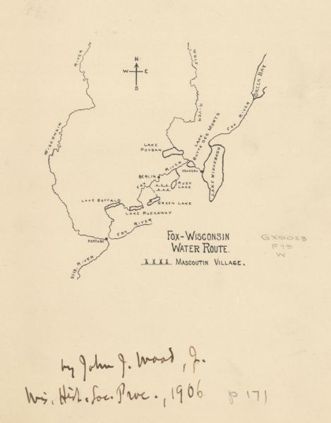 This map, which shows the Mascoutin village site near Berlin, Wisconsin, the Fox River, and parts of the Wisconsin and Wolf Rivers, was published in the Proceedings of the State Historical Society of Wisconsin, 1906.
