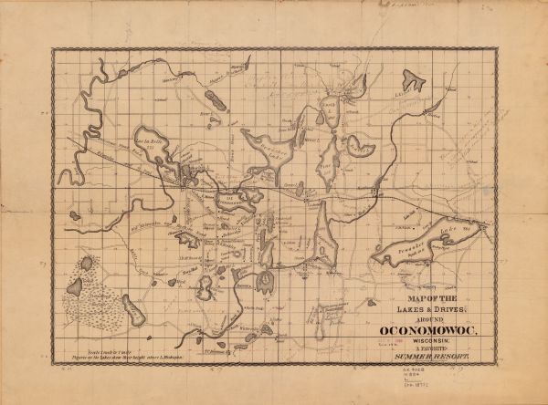 This late 19th century map shows the lake region around Oconomowoc in Waukesha County and eastern Jefferson County, Wisconsin. The township and range grid, sections, cities and villages, roads, railroads, property owners, schools, churches, lakes, streams and wetlands are shown. The height above Lake Michigan is given for some lakes.