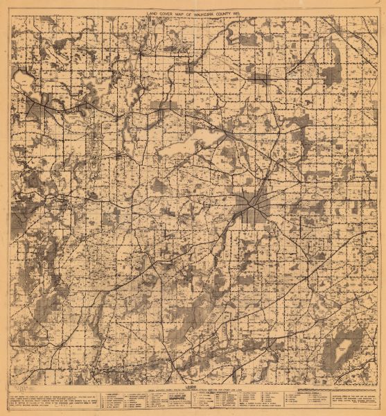 This map of Waukesha County, Wisconsin, from the Wisconsin Land Inventory shows the township and range grid, sections, cities and villages, vegetation types, lakes, streams and wetlands, land use, roads, railroads, rural homes and other buildings, power and telephone lines, and industries of the county.