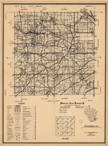 This 1956 map of Waukesha County, Wisconsin, shows the township and range grid, towns, sections, cities and villages, roads, railroads, dams, airports, parks, selected buildings, and the Kettle Moraine State Forest. A location map and civil towns diagram are included.