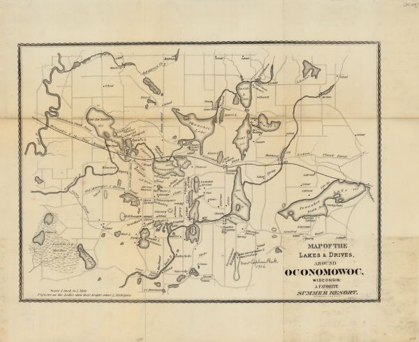 This late 19th century map shows the lake region around Oconomowoc in Waukesha County and eastern Jefferson County, Wisconsin. The township and range grid, sections, cities and villages, roads, railroads, property owners, schools, churches, lakes, streams and wetlands are shown. The height above Lake Michigan is given for some lakes.