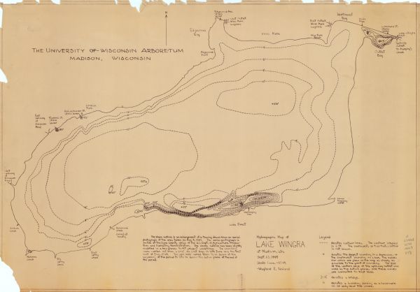 This 1948 map shows contour and spot depths in Lake Wingra in Madison, Wisconsin. The shore outline is based on a 1940 aerial photograph.