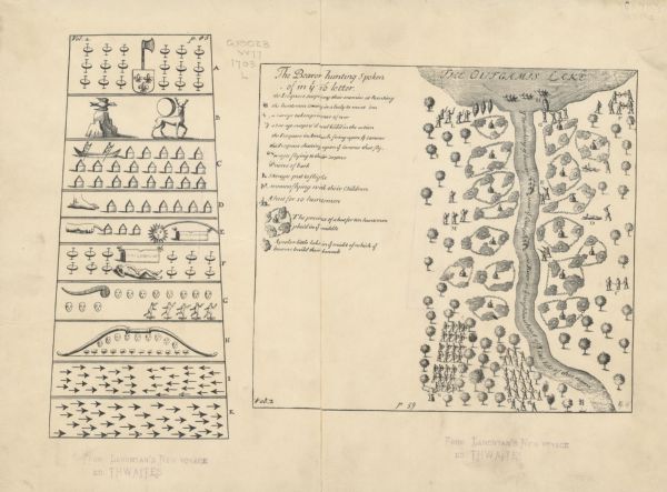 This pictorial representation of part of Lake Winnebago and the Fox River in 1703, showing interactions between white beaver hunters and the Iroquois is taken from Lahontan's New voyages to North-America, edited by Reuben Gold Thwaites and published in 1905.