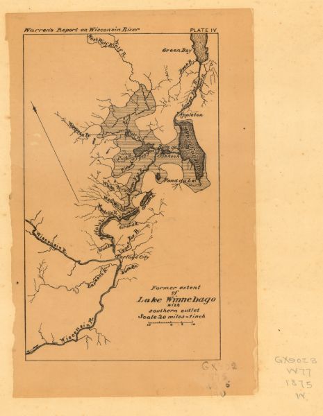 This map, from G.K. Warren's 1876 Report on the transportation route along the Wisconsin and Fox rivers in the State of Wisconsin between the Mississippi River and Lake Michigan, shows the hypothetical extent of Lake Winnebago in prehistoric times. As shown, the lake encompassed much of the upper Fox River and a portion of the lower Wolf River. 
