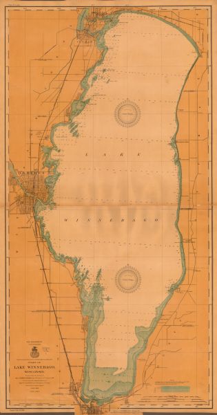 This 1908 chart from the U.S. Army Corps of Engineers shows contour and spot depths in Lake Winnebago. Cities and villages, roads, railroads, institutions and businesses, and streams and wetlands in the area surrounding the lake are also depicted.