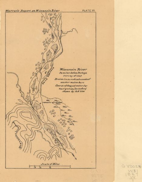 These maps, from G.K. Warren's 1876 Report on the transportation route along the Wisconsin and Fox rivers in the State of Wisconsin between the Mississippi River and Lake Michigan, show three sections of the Wisconsin River: 34 miles below Portage, 77 miles below Portage at Muscoda, and at the mouth of the Wisconsin. The crests of underwater bars, courses of deepest water, sand terraces, limestone ridges, vegetation, and railroads are shown.