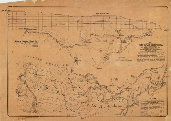 Map showing the northern water routes between Mississippi River and Atlantic Ocean  Relief shown by hachures. Includes Profile of the Erie Canal, table of Estimated cost of improvement of Wisconsin River, text about Wisconsin River locks, and Table of distances.
