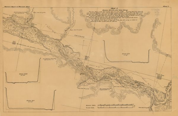 One of a set of maps from G.K. Warren's 1876 Report on the transportation route along the Wisconsin and Fox rivers in the State of Wisconsin between the Mississippi River and Lake Michigan. Sheets 1-7 each show a section of the Wisconsin River between its mouth south of Prairie du Chien and Portage; sheet 8 shows a portion of the upper Fox River at Portage. Details shown include tributaries and their acreages drained, topography and vegetation of the of the river valley, discharge rates at various points, dams, cities and towns, and railroads.
