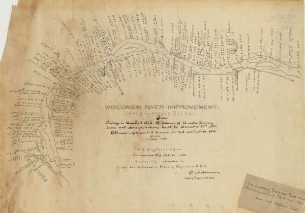 This 1882 manuscript map shows the improvements to a 12-mile stretch of the Wisconsin River below Portage, in Columbia County, Wisconsin. Recent improvements are shown in red.