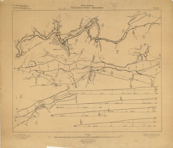 These maps, which are based on a 1906 survey, show the Wisconsin River from Sugar Bowl Rock, approximately 2 1/2 miles below Wisconsin Dells (labeled Kilbourn City on the map) north to Wausau in Marathon County. Relief is shown by contours and spot heights and profiles of water surface elevations are included. Tributary streams, roads, railroads, and cities and villages along the river are shown.