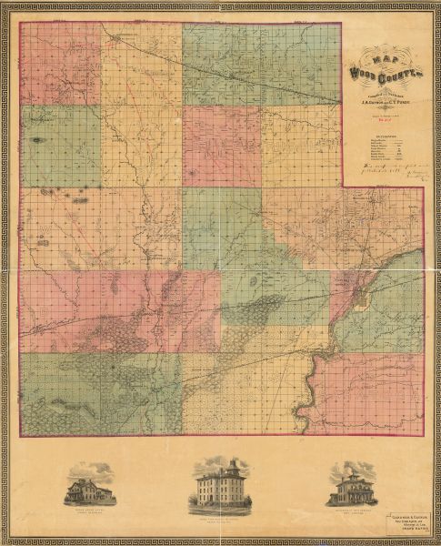 This 1878 map of Wood County, Wisconsin, shows the township and range grid, towns, sections, cities, villages and post offices, landownership, roads, railroads, schools, farm houses, quarries, kaolin beds, wetlands, cranberry bogs and lakes and streams. Relief shown by hachures. Illustrations of local buildings are printed in the lower margin. A manuscript annotation from the compiler and publisher provides the date for the map.