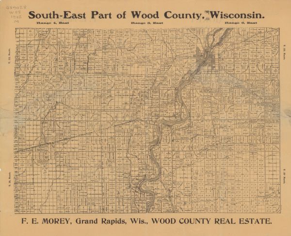 This map from the early years of the 20th century shows the township and range grid, sections, cities and villages, landownership, roads and railroads, and selected buildings in the towns of Cranmoor, Grand Rapids, Port Edwards, Saratoga, and Seneca in Wood County, Wisconsin.