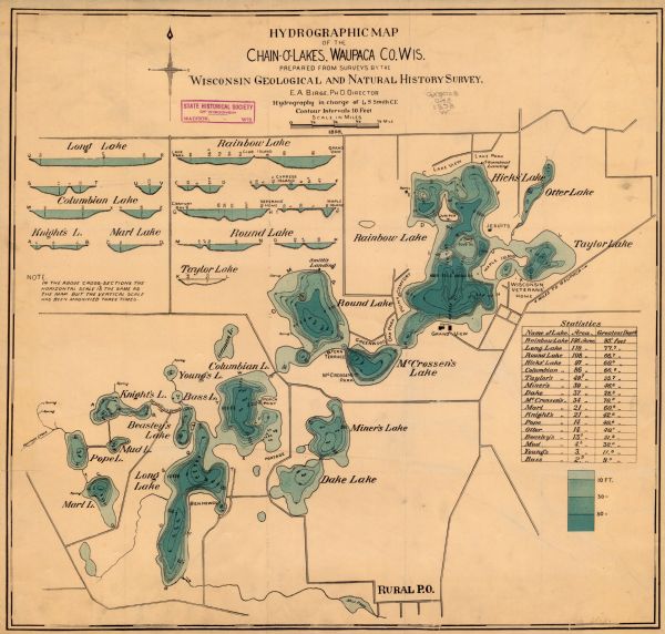 This 1898 map shows the contour depths of the Chain O' Lakes in Waupaca County, Wisconsin, and includes 15 cross sections of the lakes. Roads, parks, the Wisconsin Veterans Home at King, and hotels in the area are shown and statistics on the acreage and depth of the lakes are provided. 
