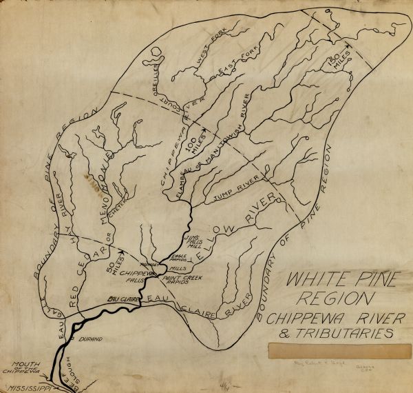 This manuscript map shows the Chippewa River watershed, including the Red Cedar or Menomonie River, Flambeau or Manitowish River, Jump River, Eau Claire River, and Yellow River as the "pine region." Distances from the mouth of the Chippewa River are identified. The map was published in the March 1931 issue of the Wisconsin Magazine of History.