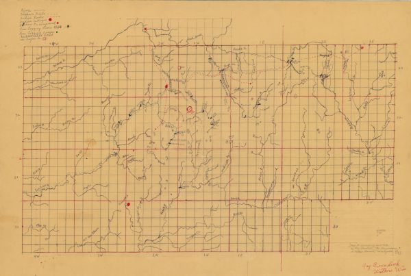 This manuscript map of Taylor County, Wisconsin, shows the township and range grid, lakes and streams, "Chippewa trails, Indian trails" Indian villages and encampments, pine logging dams as of 1866, pine logging camps, and first homestead patent in the county. A portion of southern Price County showing the Jump River is included. This map was drawn to accompany an article by Ray Bundick: "The disappearance of Father Menard."