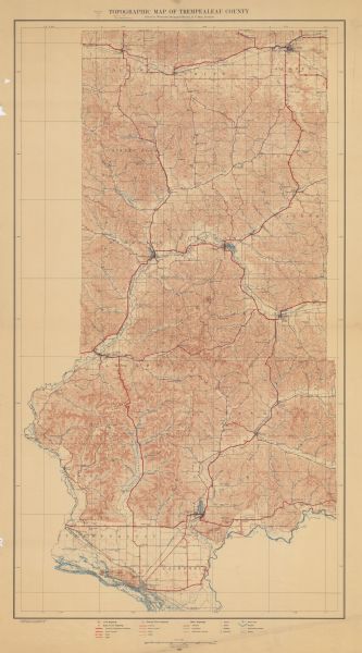 This 1929 topographic map of Trempealeau County, Wisconsin, shows the topography, lakes, streams and wetlands, township and range grid, sections, cities and villages, roads, railroads, schools, churches, rural buildings, cemeteries, and bench marks. 
