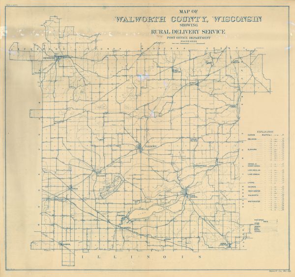 Map shows routes, post offices, houses, churches, roads, and schools."June 1, 1910. E.G."Blue line print."Walworth Co., Wis. 451" -- bottom margin.