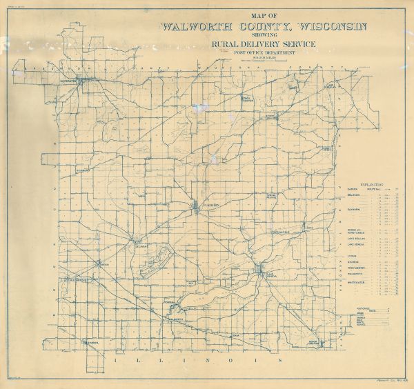 Map of Walworth County, Wisconsin Showing Rural Delivery Service Map