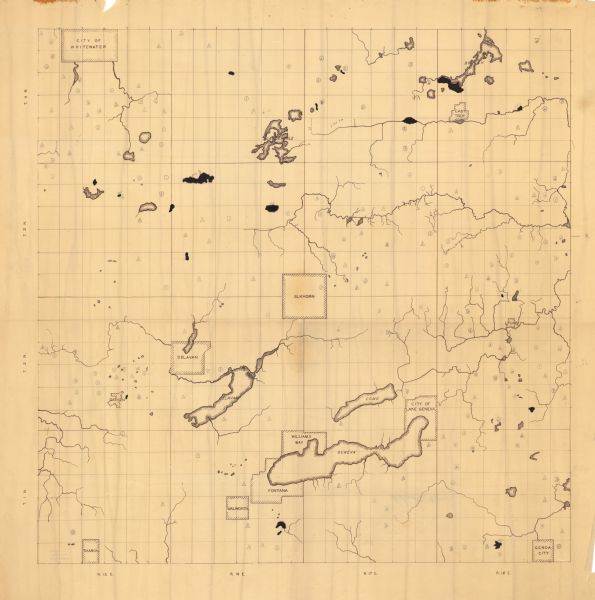 This map of Walworth County, Wisconsin, shows the township and range grid, sections, cities and town, and lakes and streams in the county. It lacks the key to the game count manuscript annotations shown on the map.