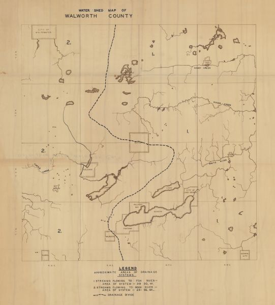 This map of Walworth County, Wisconsin, shows the lakes and streams flowing into the Fox River and the lakes and streams flowing into the Rock River. The drainage divide between the two river systems is shown and the number of square miles drained by each is listed.