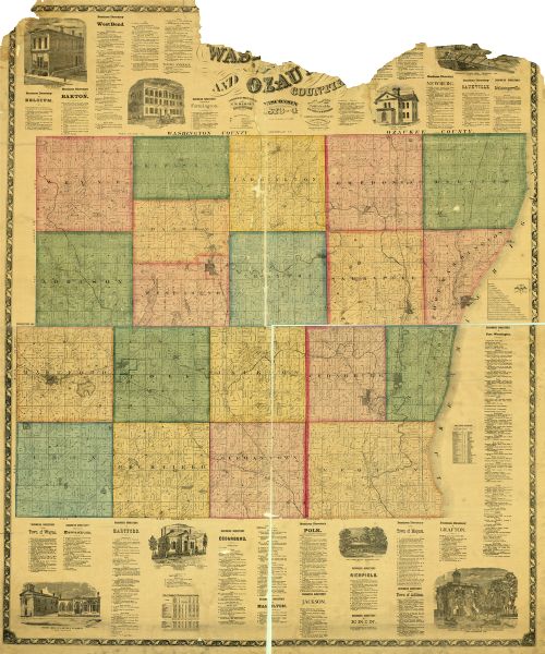 This 1874 map of Washington and Ozaukee counties, Wisconsin, shows the township and range grid, towns, sections, cities and villages, rural landownership and acreages, churches, schools, cemeteries, roads, railroads, and lakes and streams. Business directories of the cities and villages in the counties, illustrations of local buildings, a table of distances, a post office directory, and a table of statistics are included.