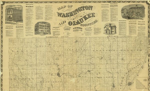 This 1873 map covers the northern halves (Towns 11 and 12) of Washington and Ozaukee counties. Shown are the township and range grid, towns, sections, cities and villages, rural landownership and acreages, churches, schools, cemeteries, roads, railroads, and lakes and streams. Business directories of West Bend and other towns, illustrations of local buildings, and a table of distances are included.