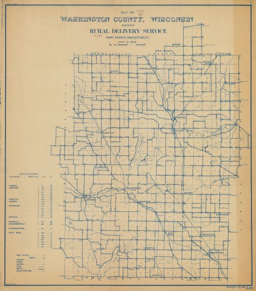 This 1910 map from the U.S. Post Office Dept. shows rural delivery routes, active and discontinued post offices, collection boxes, selected rural landowners and houses, churches, schools, roads, sections, cities and villages, and lakes and streams in Washington County, Wisconsin.