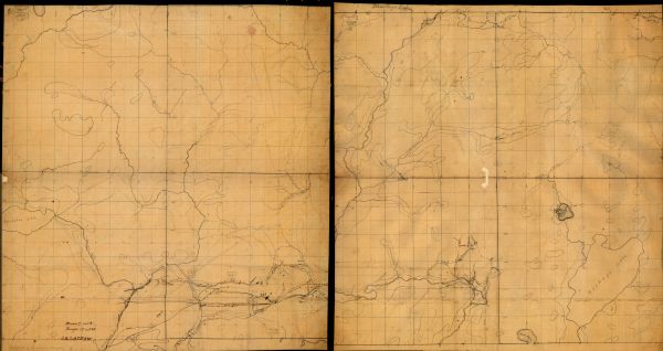 This manuscript map by Increase Lapham shows the railroads, roads, wetlands, lakes and streams, dams, prairies, and settlers in the eastern half of Waukesha County, Wisconsin. The left-hand panel shows the northeastern quarter of the county, the right-hand panel the southeastern quarter.