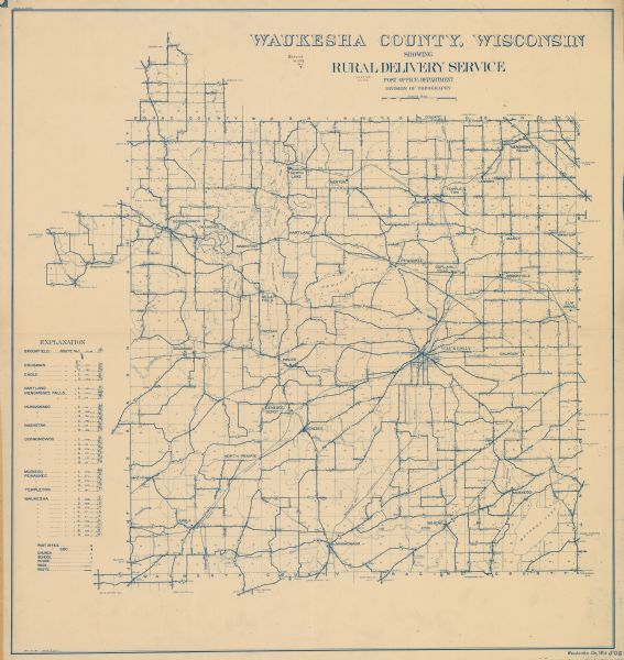 This 1911 map from the U.S. Post Office Dept. shows rural delivery routes, active and discontinued post offices, selected rural landowners and houses, churches, schools, roads, railroads, sections, cities and villages, and lakes and streams in Waukesha County, Wisconsin.

