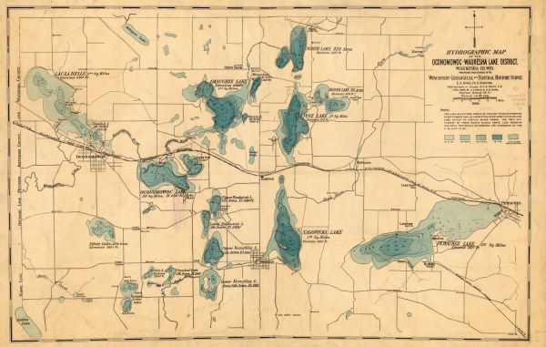 Map showing the contour depths of the lakes in northwestern Waukesha County, Wisconsin. Roads, railroads, depots, churches, schools, and hotels in the area are included, and statistics on the acreage and elevations of the lakes are provided. Relief shown by hypsometric tints, bathymetric isolines, and soundings. Shows roads, railroads, public buildings, parks, drainage, etc.
