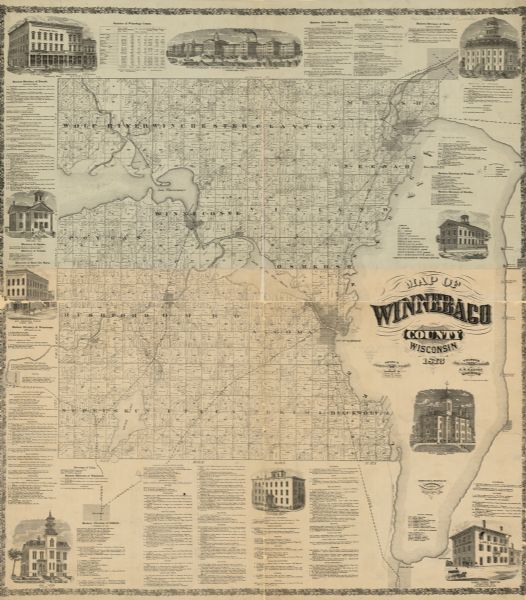 This 1873 map of Winnebago County, Wisconsin, shows the township and range grid, towns, sections, cities and villages, landownership and acreages, roads, railroads, churches, schools, and cemeteries. Business directories, a table of statistics, a table of distances, and illustrations of local buildings are printed in the margins.