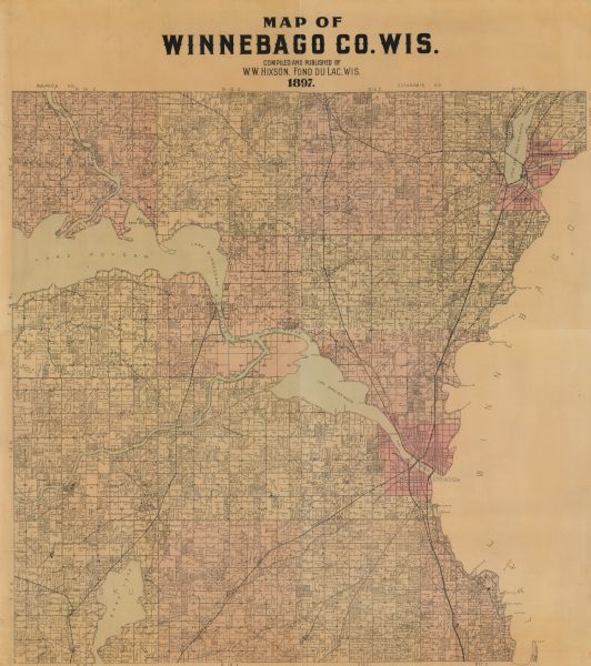 This 1897 map of Winnebago County, Wisconsin, shows the township and range grid, towns, sections, cities and villages, landownership and acreages, rural residences, roads, railroads, schools, and lakes and streams.