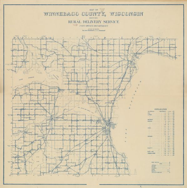 This 1911 map from the U.S. Post Office Dept. shows rural delivery routes, active and discontinued post offices, collection boxes, selected rural landowners and houses, churches, schools, roads, railroads, sections, cities and villages, and lakes and streams in Winnebago County, Wisconsin.
