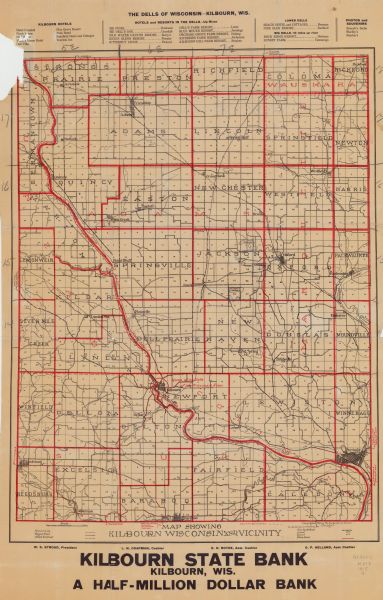 This 1915 map covers the section of the Wisconsin River in southern Adams, southeastern Juneau, northeastern Sauk, and northwestern Columbia counties. A portion of southwestern Waushara and western Marquette counties is also shown. The township and range grid, towns, sections, cities and villages, roads, railroads, schools, churches, and lakes and streams in the area are depicted. Lists of hotels and souvenir stores in Kilbourn (Wisconsin Dells) and the Dells area are printed in the margin.