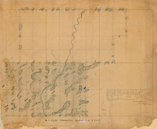 This 1891 manuscript map depicts Cranberry Creek and wetlands in part of the Town of Port Edwards, Wood County, Wisconsin. Elevations and falls in the creek are noted.
