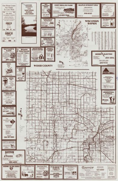 This 1992 map of Wood County, Wisconsin, shows towns, sections, cities and villages, highways and roads, railroads, and lakes and streams. An inset map of Wisconsin Rapids, with a street index, and advertisements are included.
