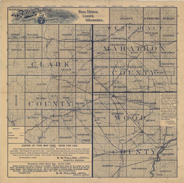 Map shows roads, railroads, rivers, and improved farms. Includes text on lands for sale and exchange by B.W. Pulling, successor to Marshfield Land Company. In English with some German.